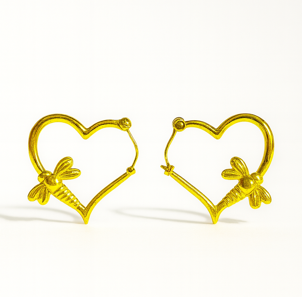 Gold Toned Anti Tarnish Dragonfly & Heart Hoops