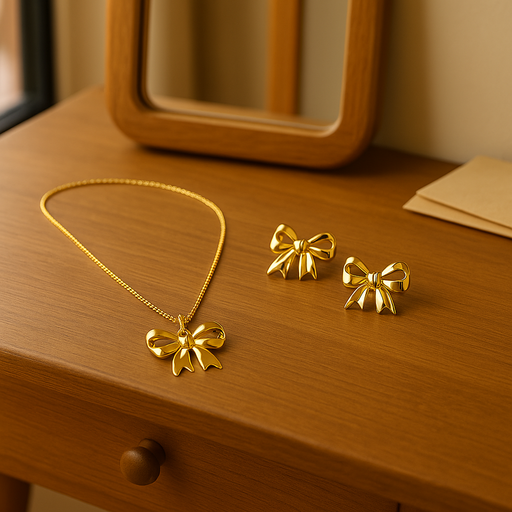 Gold Toned Bow Necklace & Stud Earrings Set
