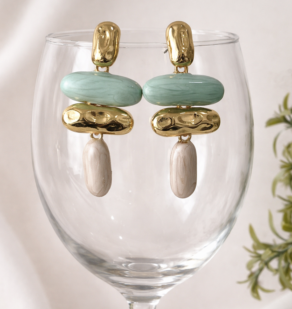 Marbled Resin Sage Green and Beige Gold toned Earrings
