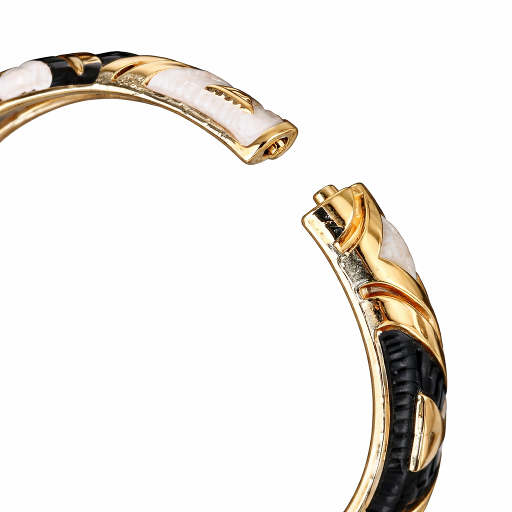 Anti Tarnish Black & White Elegant Meenakari Enamel Bangle With Golden Geometric Detailing