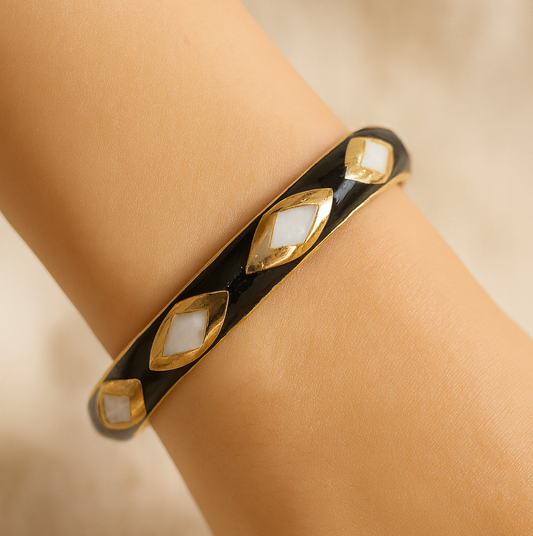 Black Meenakari Enamel Bangle with White Diamond Motifs & Gold Detailing