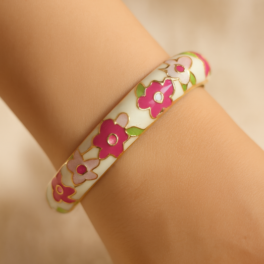White Elegant Floral Meenakari Enamel Bangle with Floral Pink & Green Detailing
