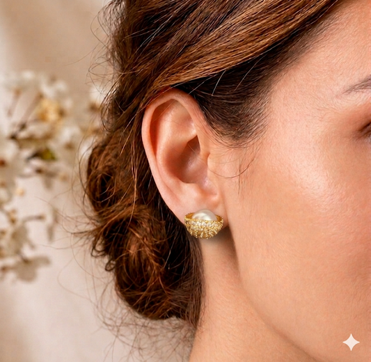 Gold Toned Pearl Dome Nest Stud Earrings
