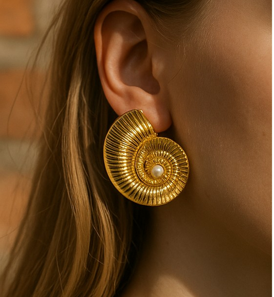 Gold Toned Shell With Pearl Earrings