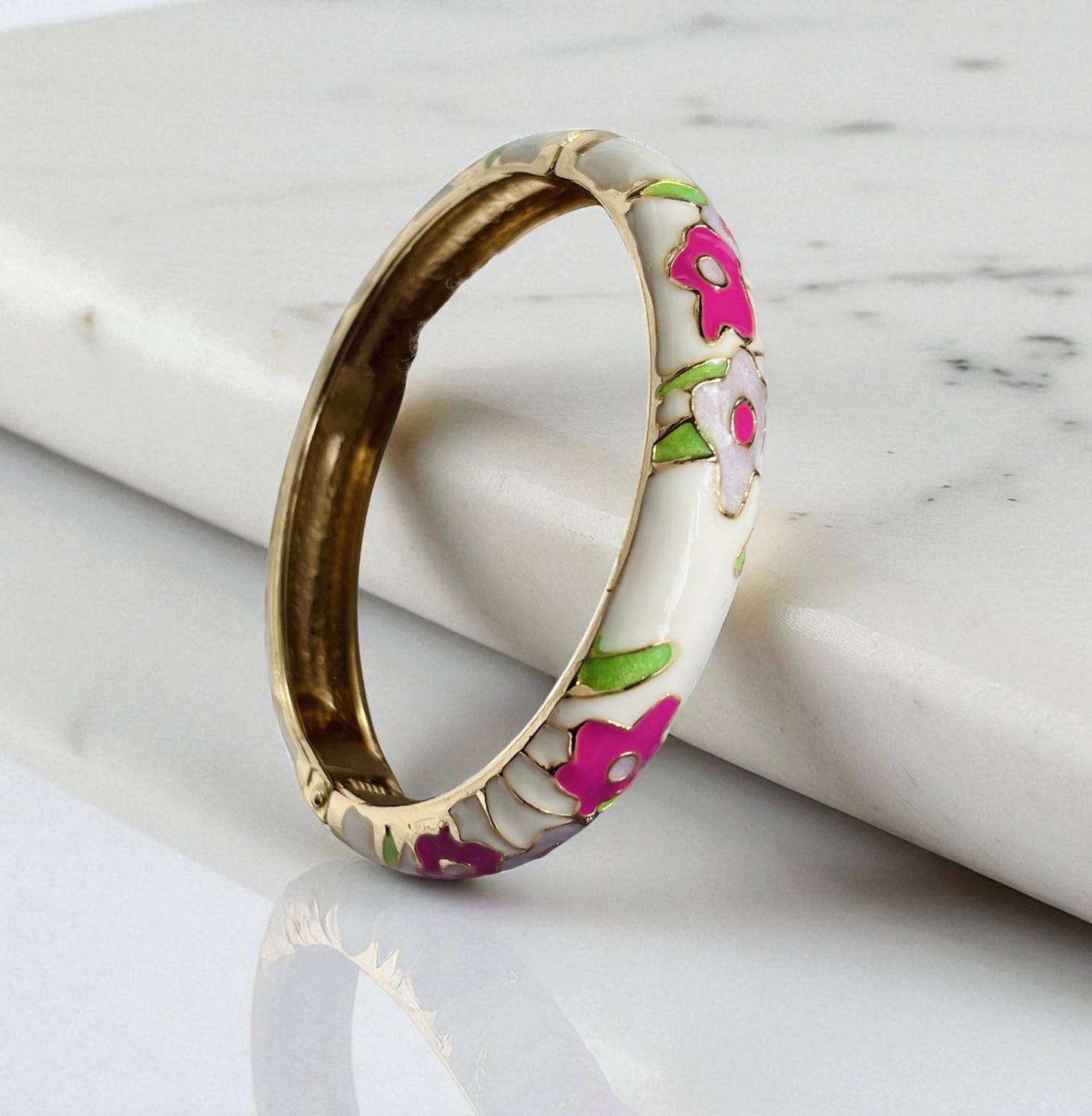 White Elegant Floral Meenakari Enamel Bangle with Floral Pink & Green Detailing