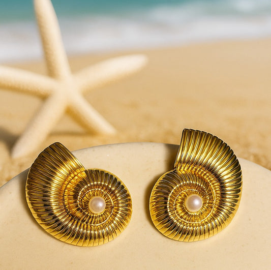 Gold Toned Shell With Pearl Earrings