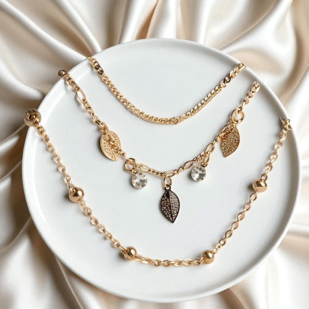 Set of 3 Leaf Motif & Charm Bracelet
