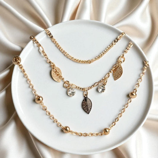Set of 3 Leaf Motif & Charm Bracelet