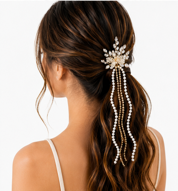 Silver And Crystal Butterfly Pearl Tassel Hair Clip