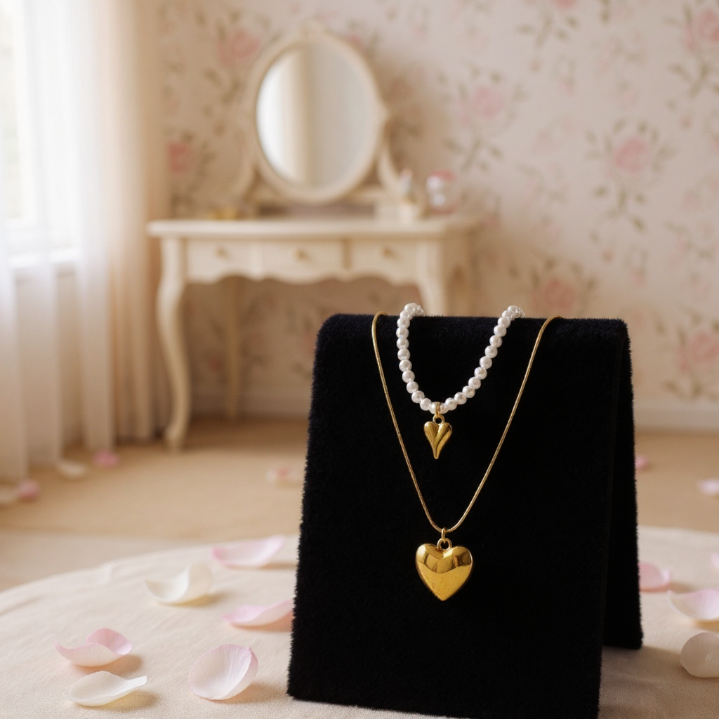 Pearl & Gold Toned Heart Charm Layered Necklace