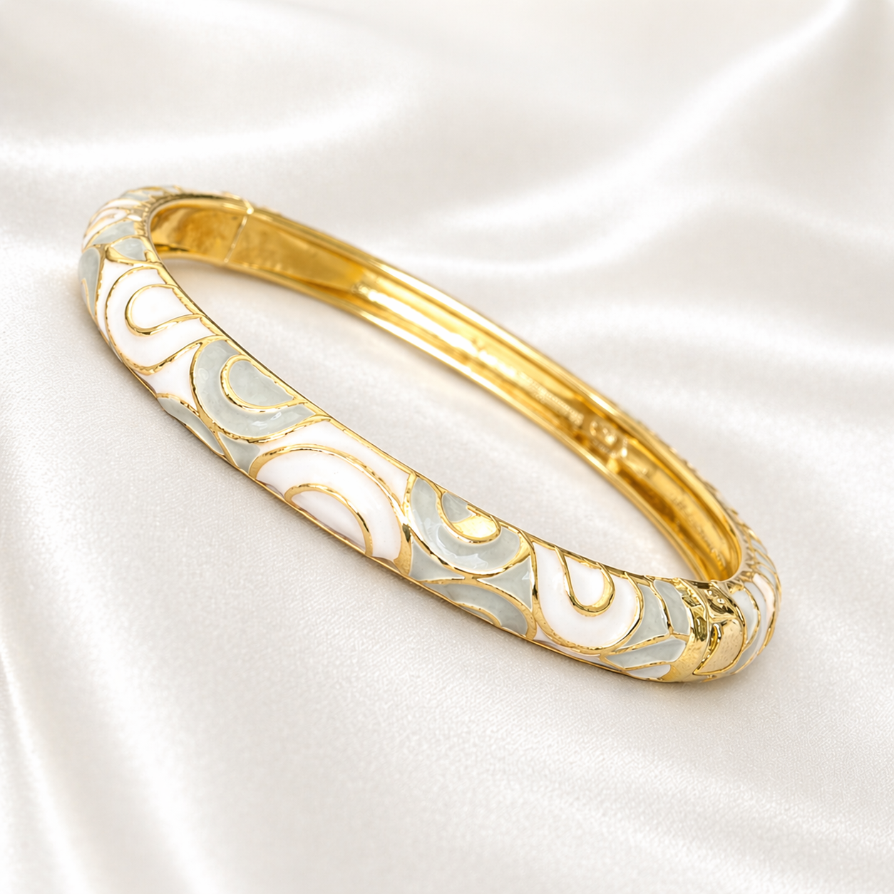 Grey And White Meenakari Enamel Bangle With Golden Swirl Detailing