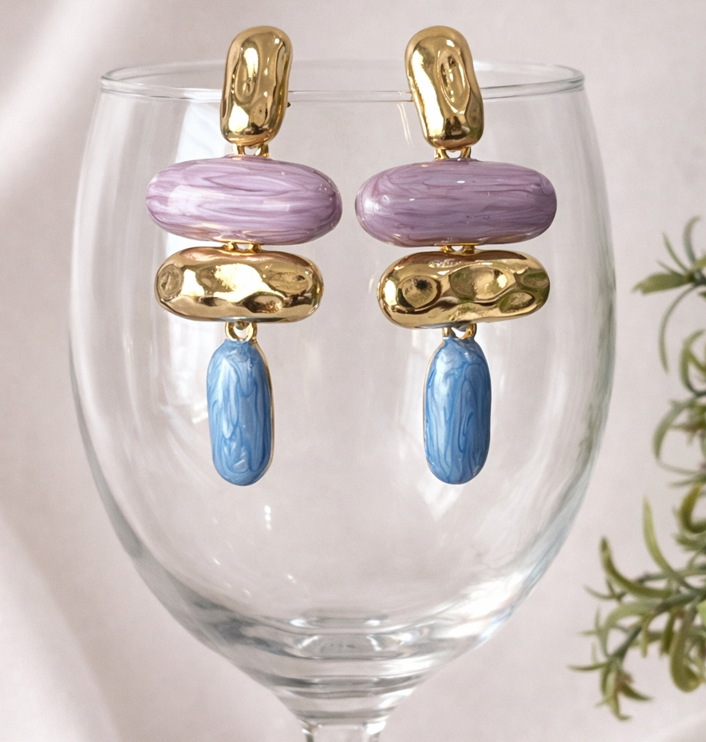 Marbled Resin Blue and Pink Gold toned Earrings