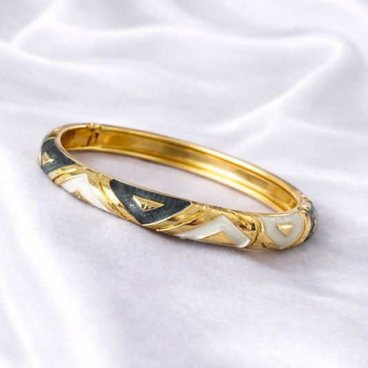 Anti Tarnish Black & White Elegant Meenakari Enamel Bangle With Golden Geometric Detailing