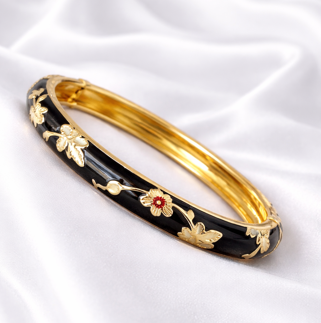 Anti Tarnish Black Elegant Floral Meenakari Enamel Bangle With Golden And Red Floral Detailing
