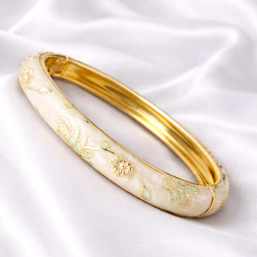 Anti Tarnish Pearl White Elegant Floral Meenakari Enamel Bangle With Golden And Green Floral Detailing