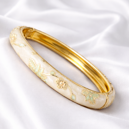 Anti Tarnish Pearl White Elegant Floral Meenakari Enamel Bangle With Golden And Green Floral Detailing