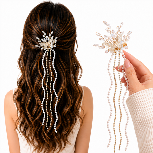 Silver And Crystal Butterfly Pearl Tassel Hair Clip