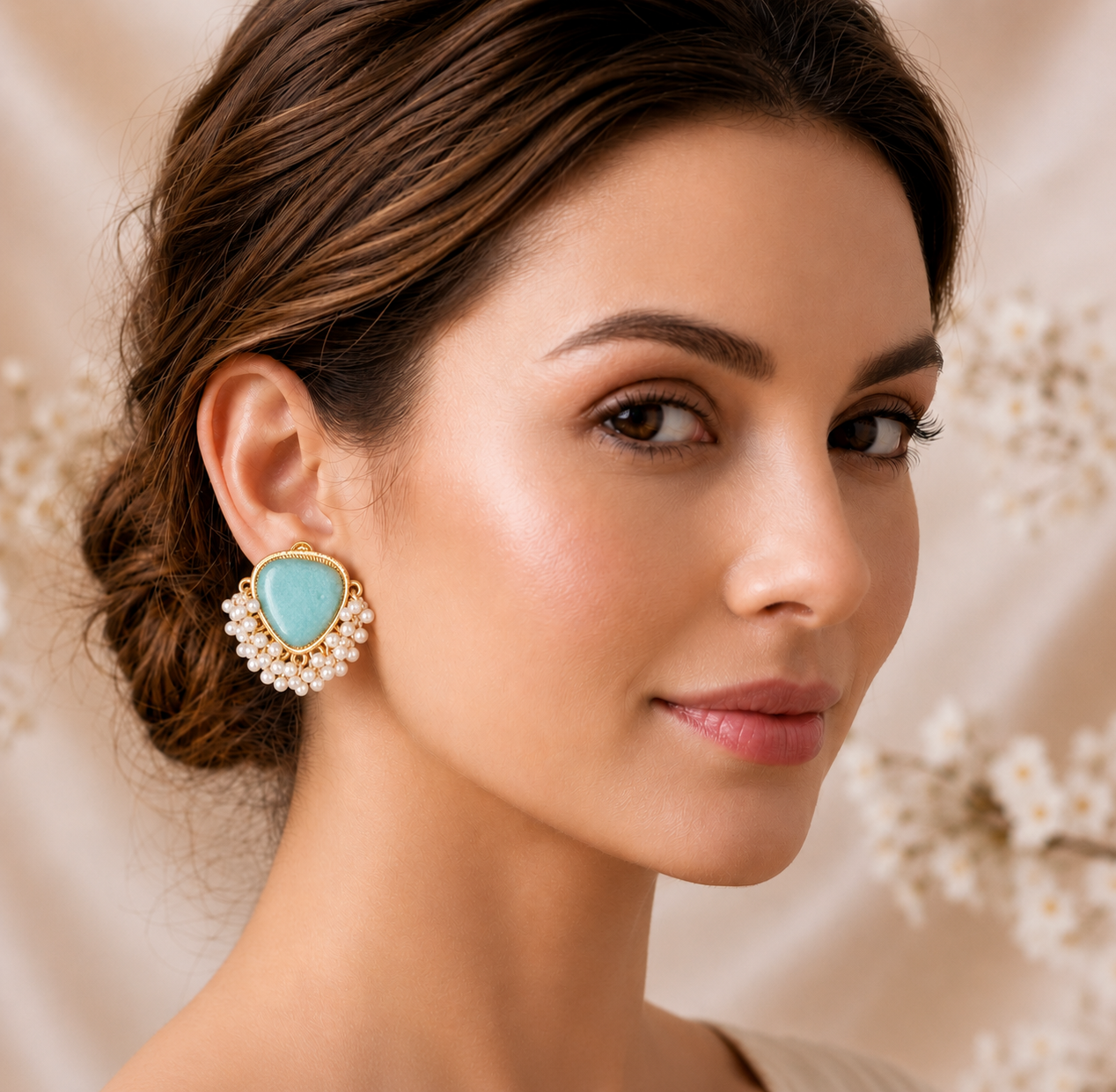Aqua Charm Pearl Cluster Earrings