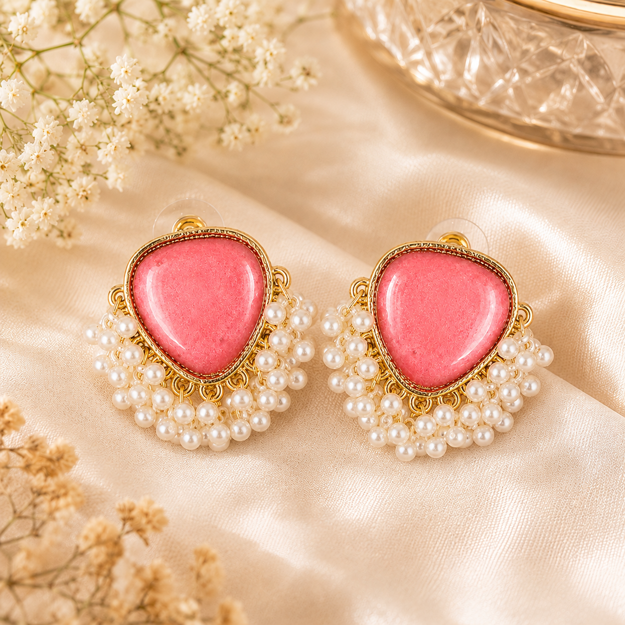 Pastel Rose Charm Pearl Cluster Earrings