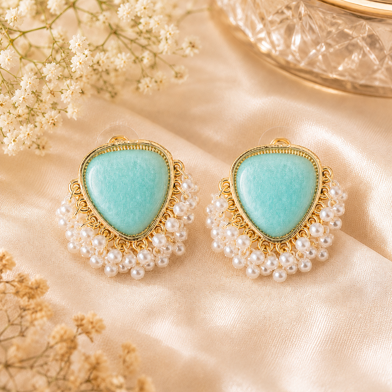 Aqua Charm Pearl Cluster Earrings