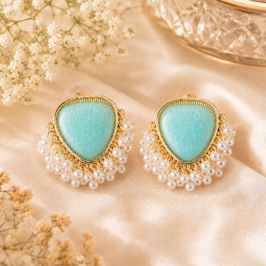 Aqua Charm Pearl Cluster Earrings