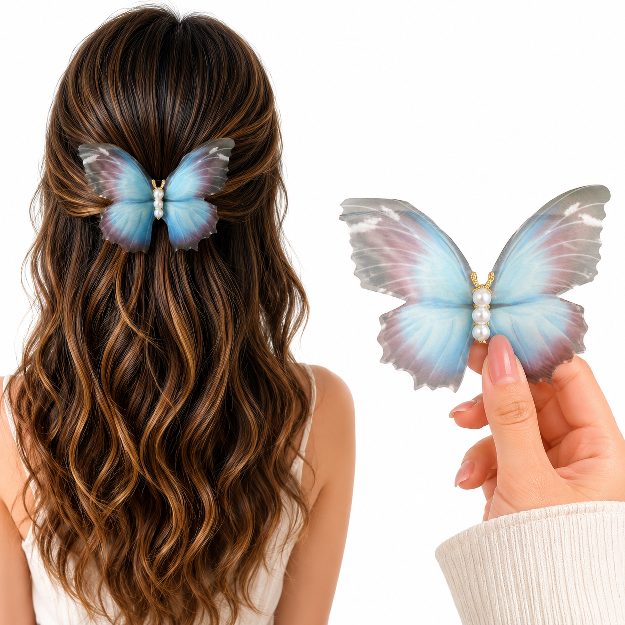 Romantic Fabric And Pearl Butterfly Fabric Hair Clip(Blue And Black)
