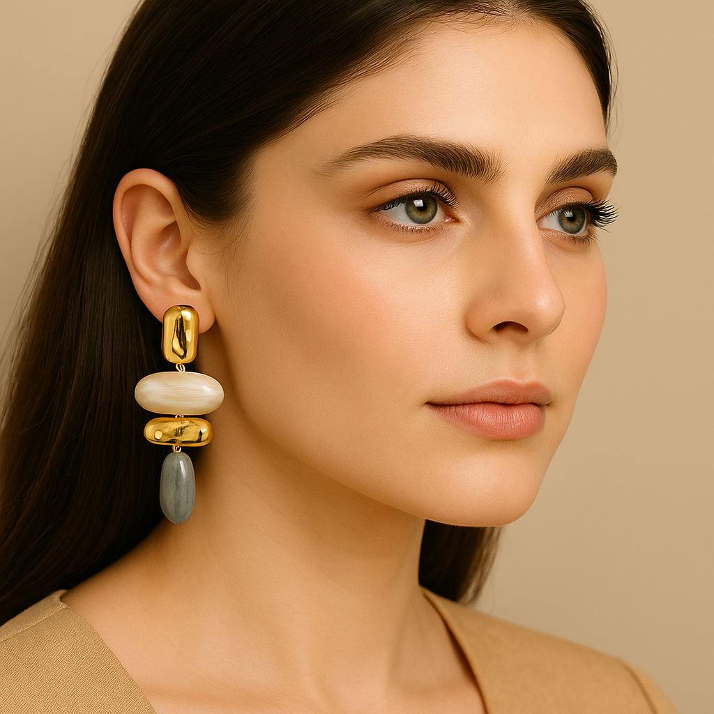 Marbled Resin Grey and Beige Gold toned Earrings