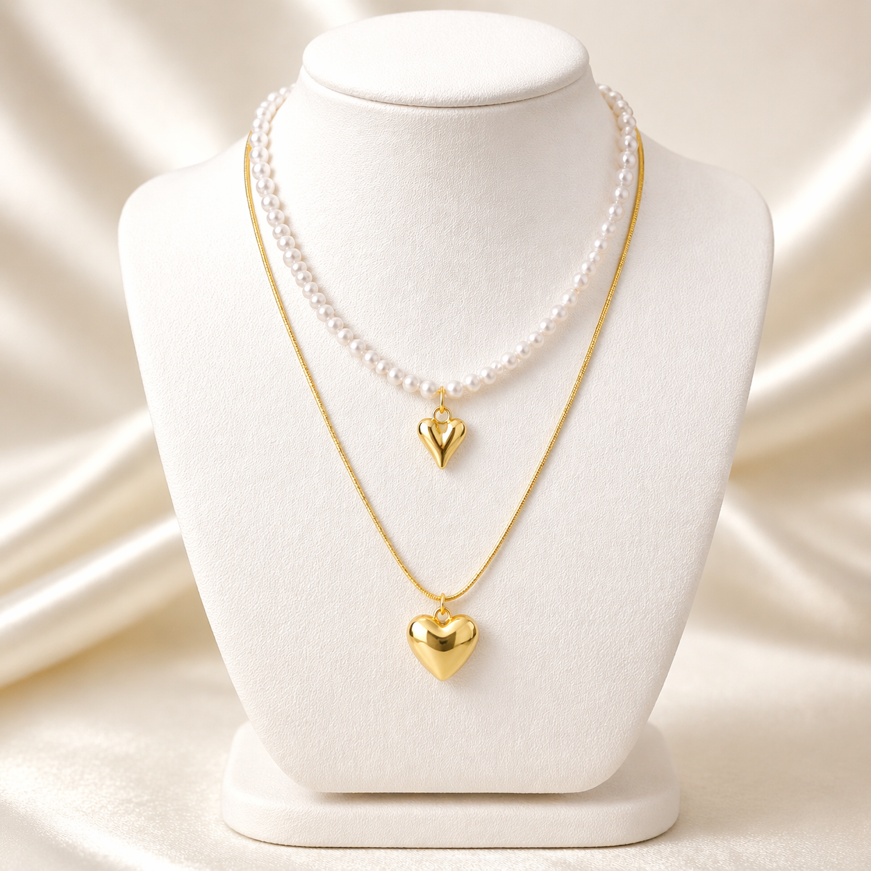 Pearl & Gold Toned Heart Charm Layered Necklace