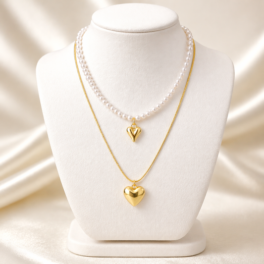 Pearl & Gold Toned Heart Charm Layered Necklace