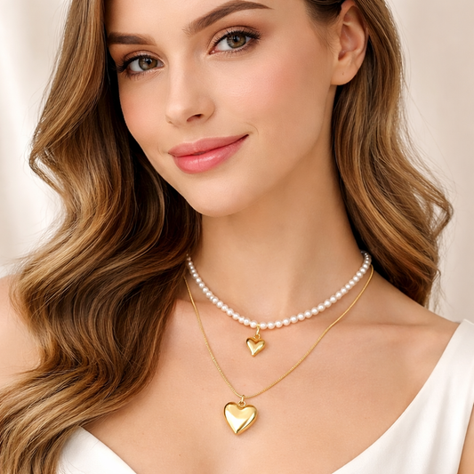 Pearl & Gold Toned Heart Charm Layered Necklace