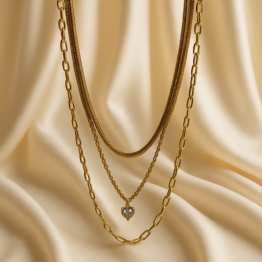 3 Layered Chain Heart Charm Necklace