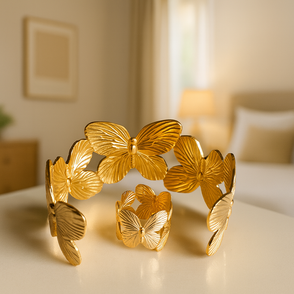 Gold Toned Butterfly Bracelet & Ring Set