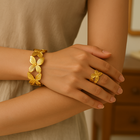 Gold Toned Butterfly Bracelet & Ring Set