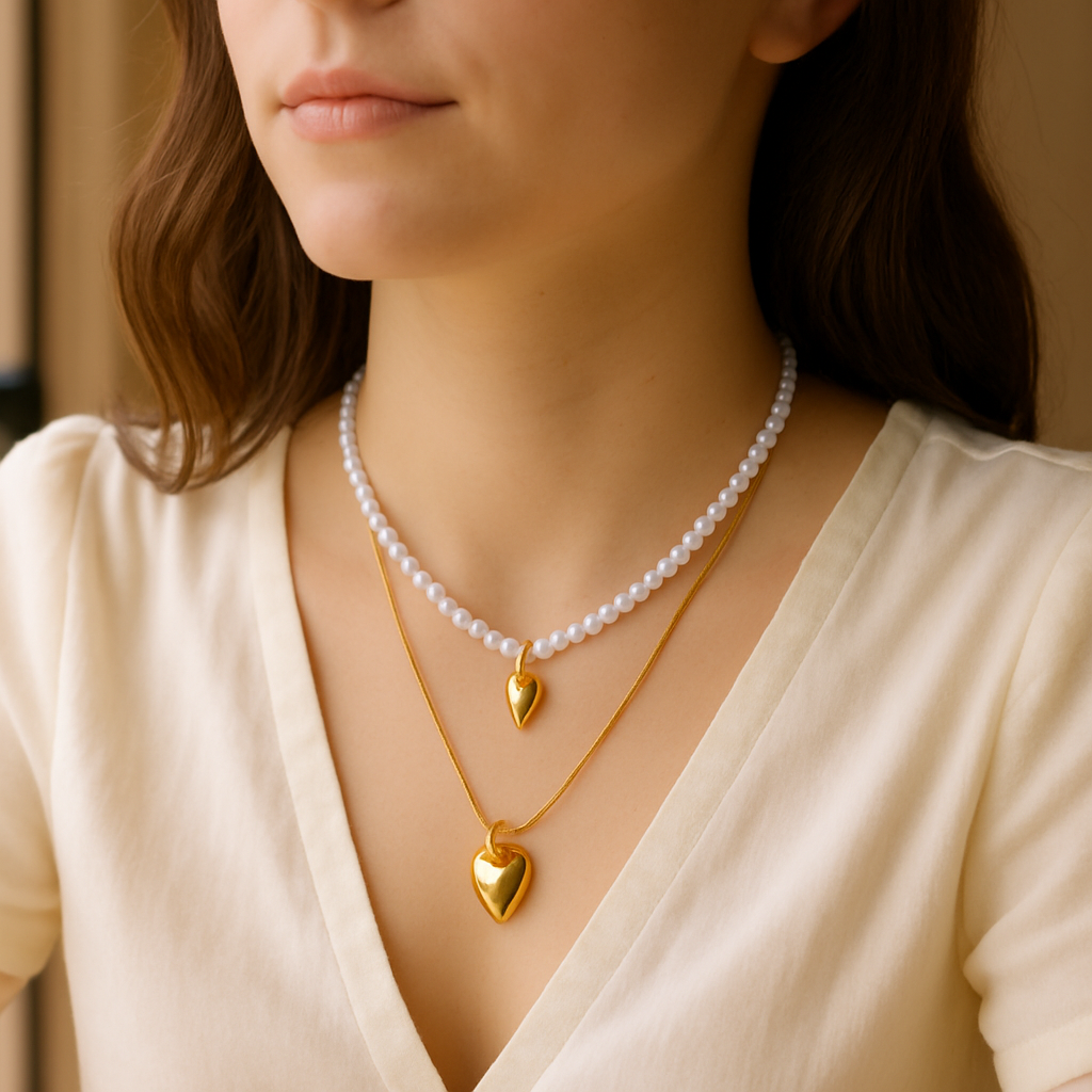 Pearl & Gold Toned Heart Charm Layered Necklace