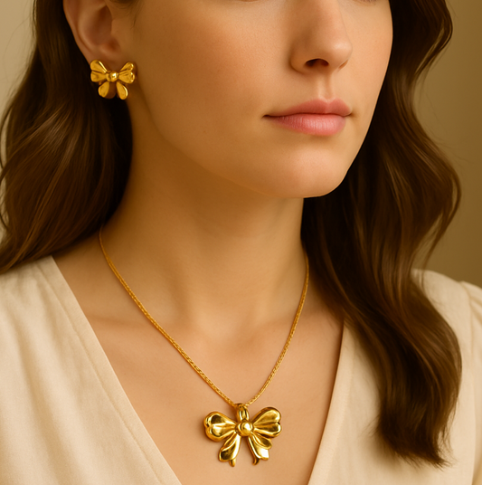 Gold Toned Bow Necklace & Stud Earrings Set