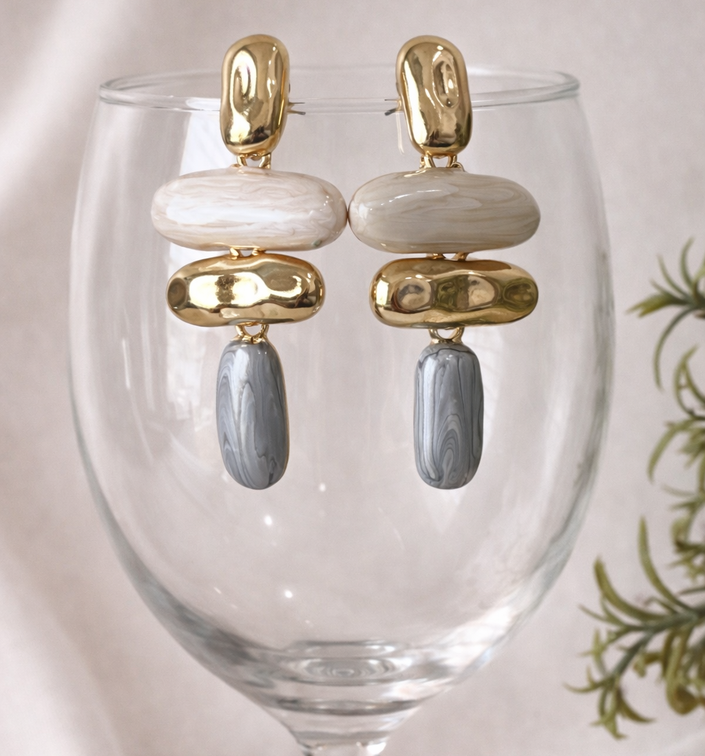 Marbled Resin Grey and Beige Gold toned Earrings