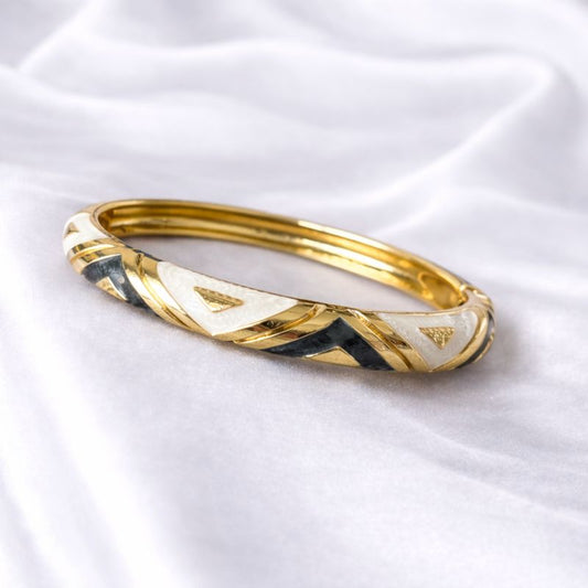 Anti Tarnish Black & White Elegant Meenakari Enamel Bangle With Golden Geometric Detailing
