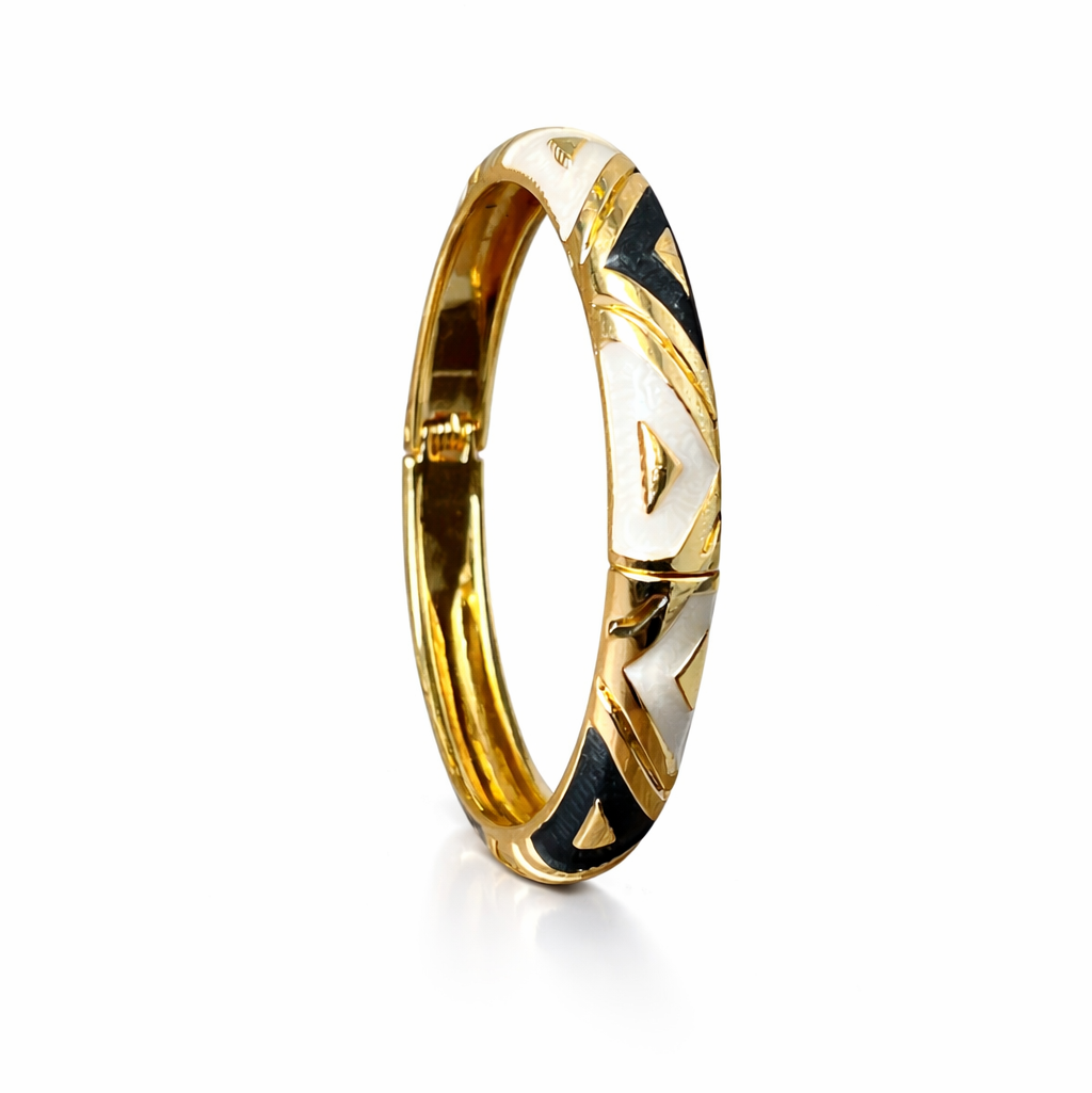 Anti Tarnish Black & White Elegant Meenakari Enamel Bangle With Golden Geometric Detailing