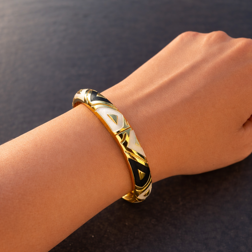 Anti Tarnish Black & White Elegant Meenakari Enamel Bangle With Golden Geometric Detailing