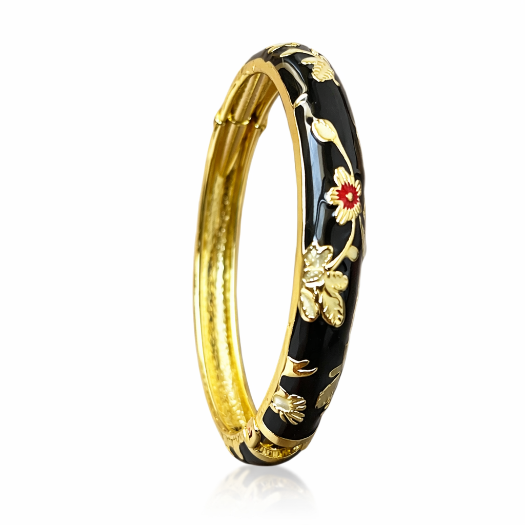 Anti Tarnish Black Elegant Floral Meenakari Enamel Bangle With Golden And Red Floral Detailing
