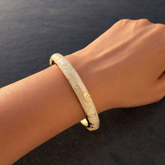 Anti Tarnish Pearl White Elegant Floral Meenakari Enamel Bangle With Golden And Green Floral Detailing