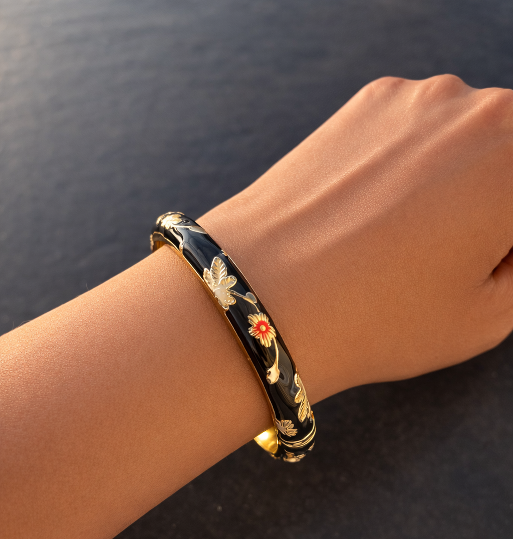 Anti Tarnish Black Elegant Floral Meenakari Enamel Bangle With Golden And Red Floral Detailing