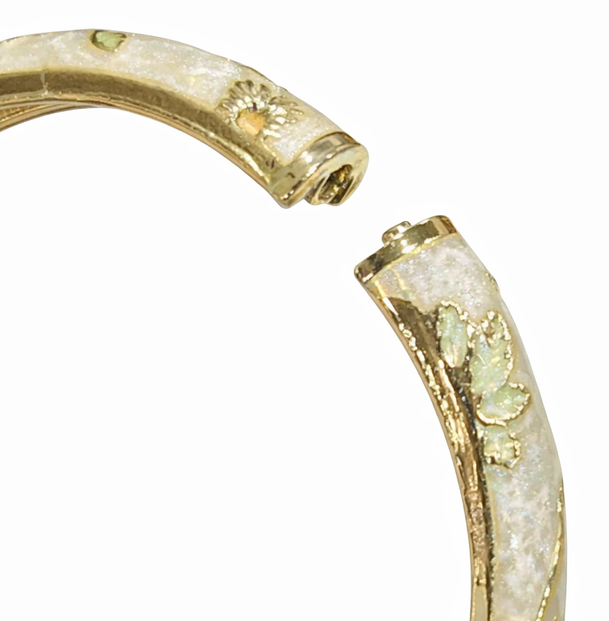 Anti Tarnish Pearl White Elegant Floral Meenakari Enamel Bangle With Golden And Green Floral Detailing