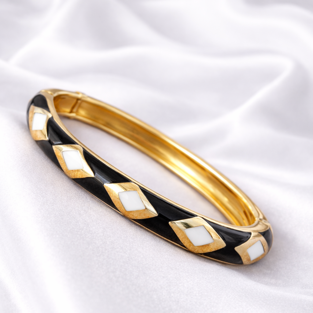 Black Meenakari Enamel Bangle with White Diamond Motifs & Gold Detailing