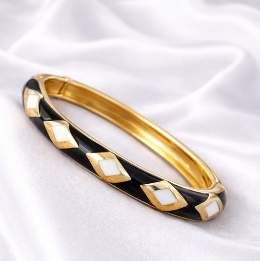 Black Meenakari Enamel Bangle with White Diamond Motifs & Gold Detailing