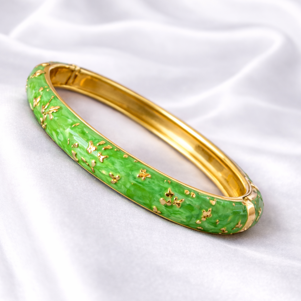 Green Elegant Floral Meenakari Enamel Bangle With Golden Floral Detailing