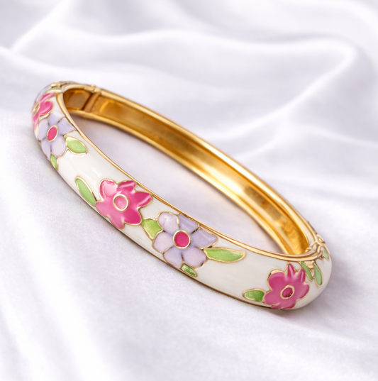 White Elegant Floral Meenakari Enamel Bangle with Floral Pink & Green Detailing