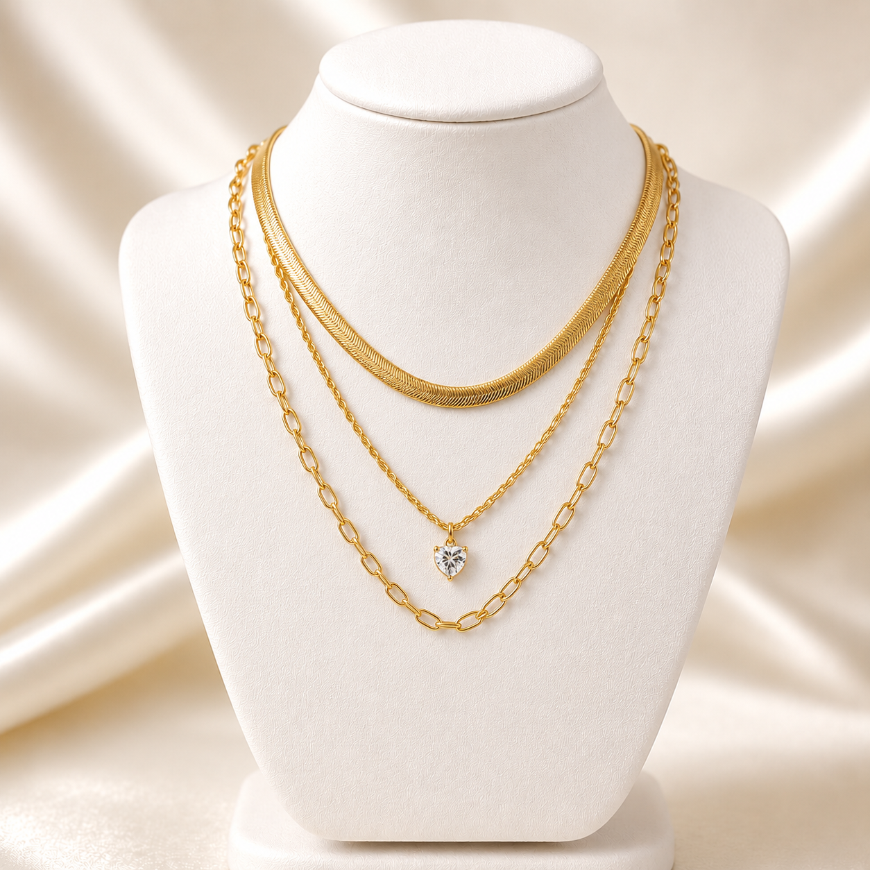 3 Layered Chain Heart Charm Necklace