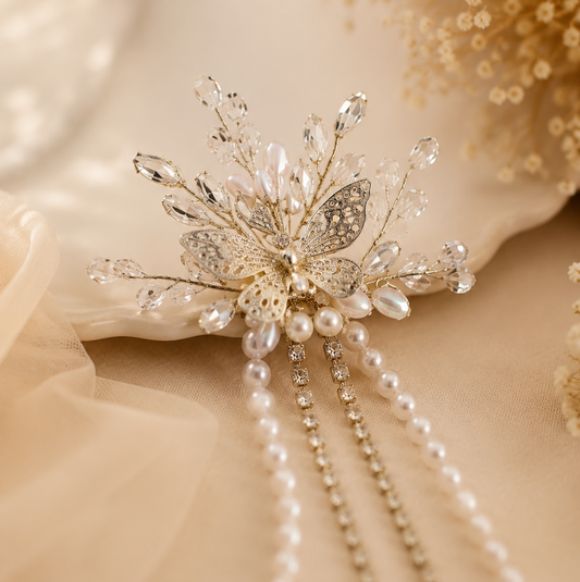 Silver And Crystal Butterfly Pearl Tassel Hair Clip