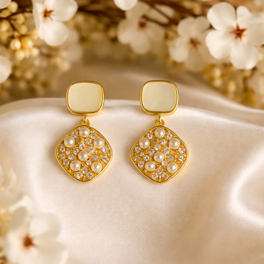 Gold Toned Pearl Drop Dangle Earrings